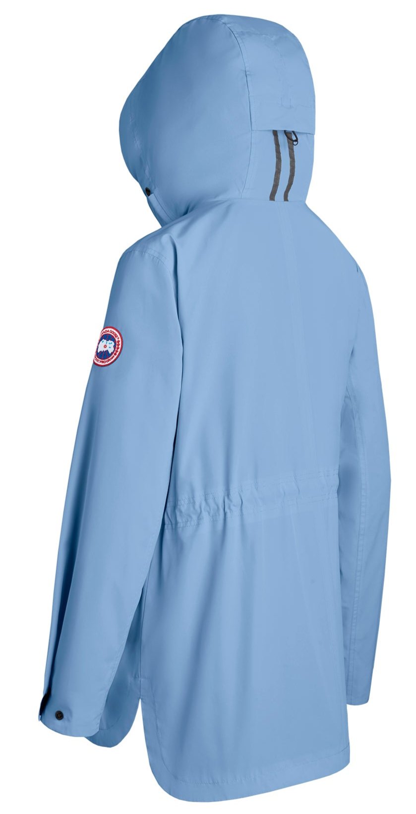 Light blue parka with hood and emblem on the sleeve.