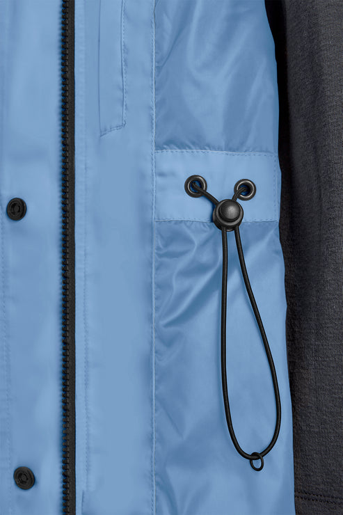 Close-up of light blue jacket lining with black drawstring, and button closure.