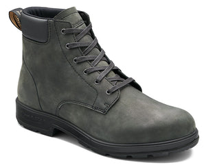 Gray leather lace-up boot with a black sole and heel tab.