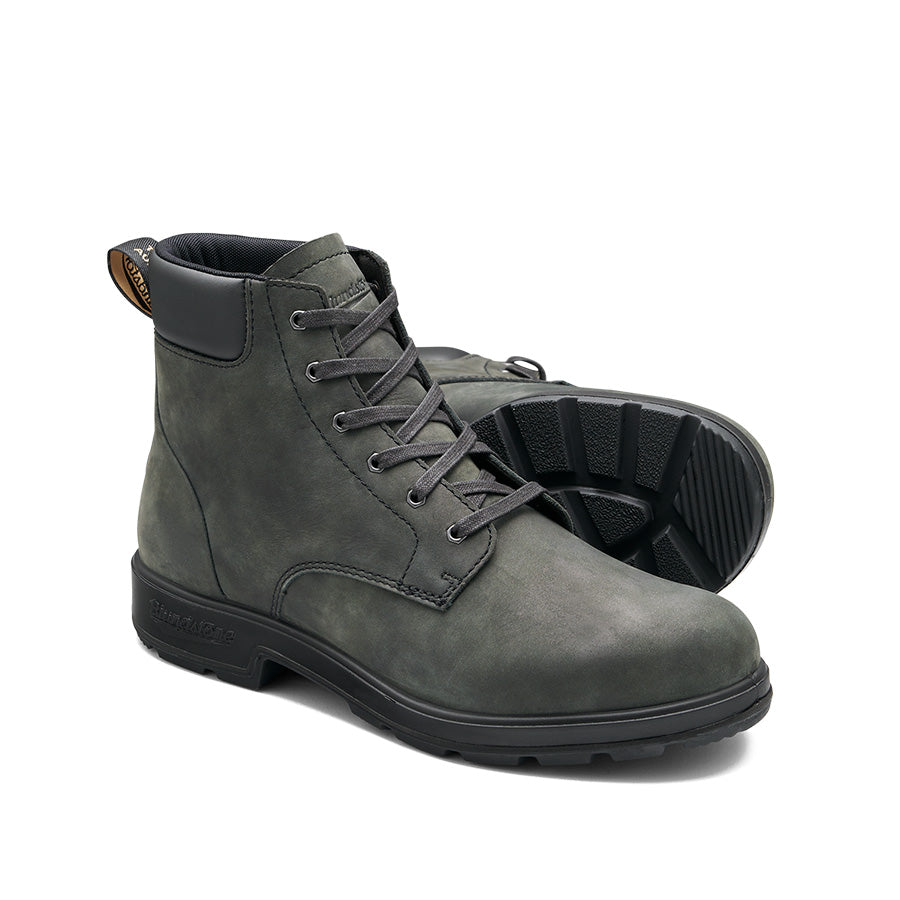 Pair of matte gray leather lace-up ankle boots.