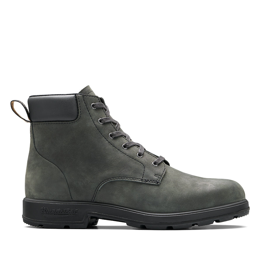 Dark gray work boot with a black sole and laces