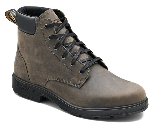 A gray leather ankle boot with black laces and sole.