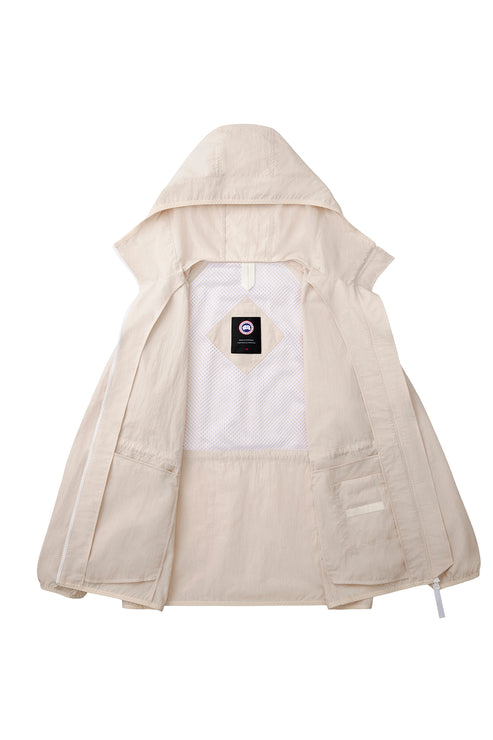 Open light beige hooded jacket with mesh interior and visible logo patch.