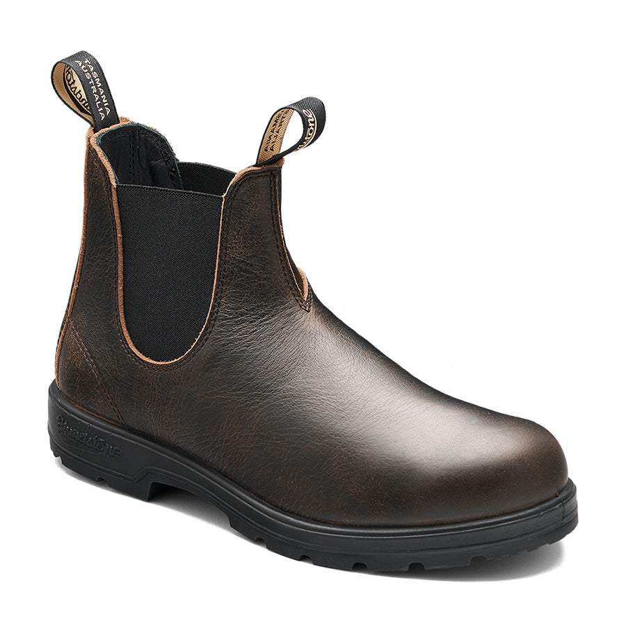 Dark brown Chelsea boot with black elastic side panels, dual pull tabs, and lugged sole.