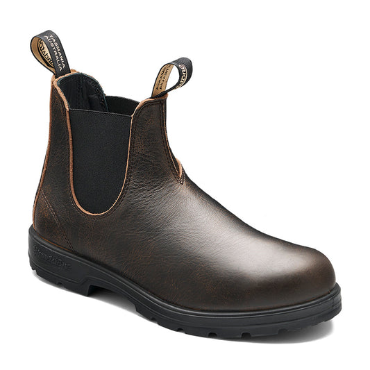Dark brown Chelsea boot with black elastic side panels, dual pull tabs, and lugged sole.