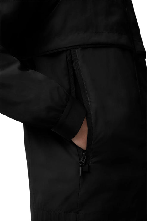 Close-up of a black zipper pocket with a hand inserted inside.