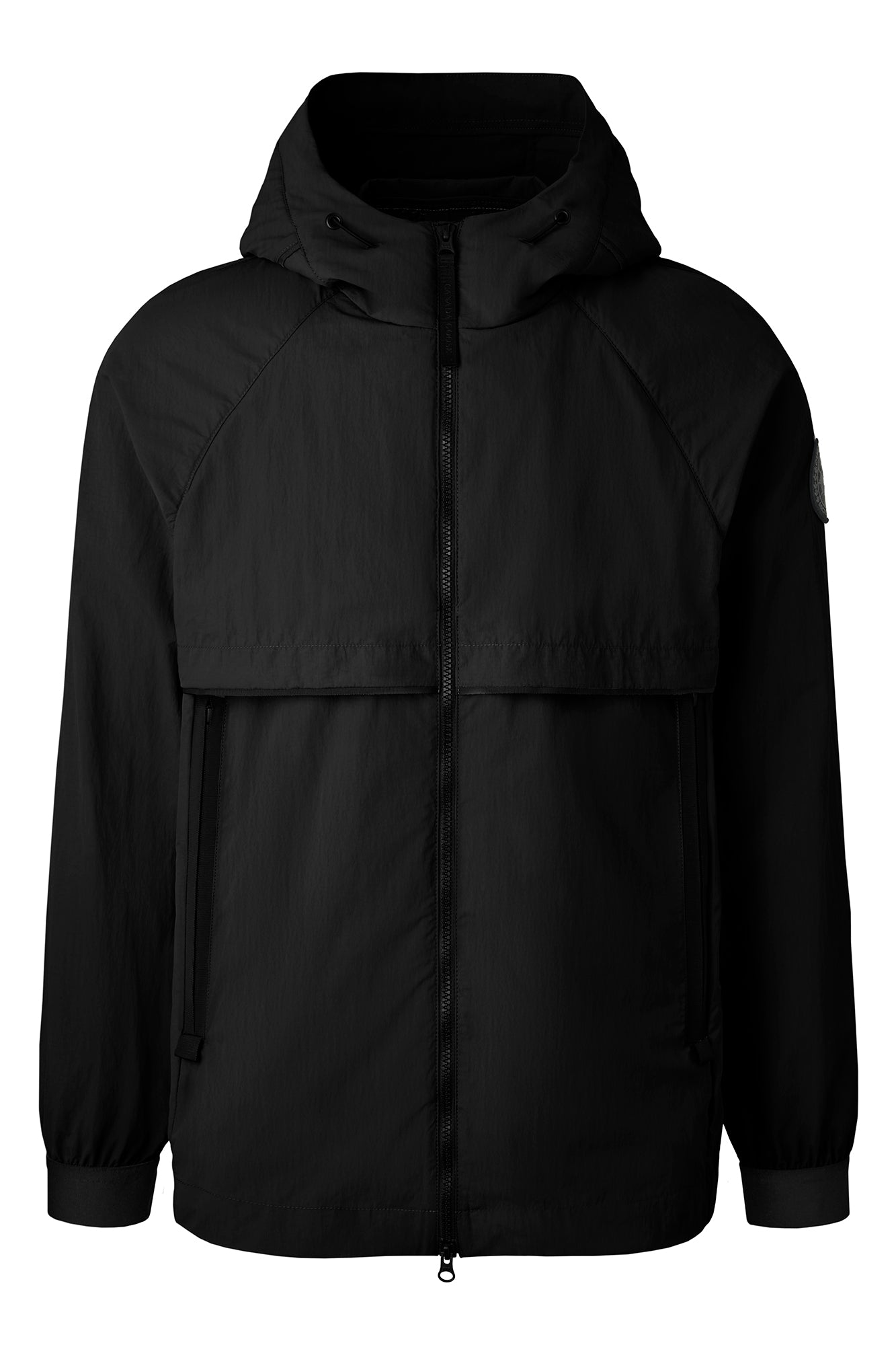 Black hooded windbreaker jacket with front zipper and sleeve logo.