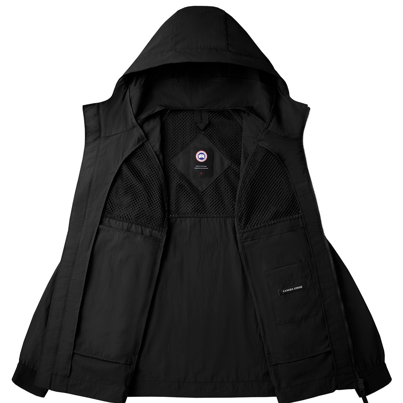 Open, black hooded rain jacket with black mesh lining.