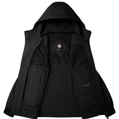 Open, black hooded rain jacket with black mesh lining.