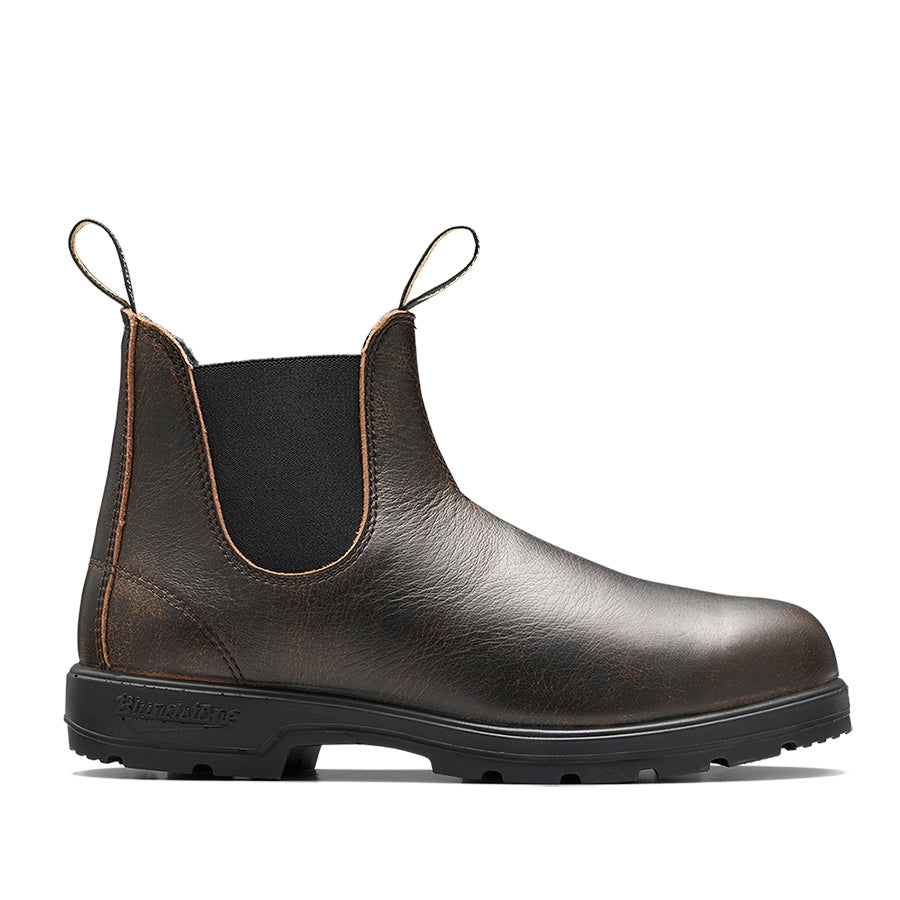 A dark brown, leather, Chelsea-style work boot with pull loops.