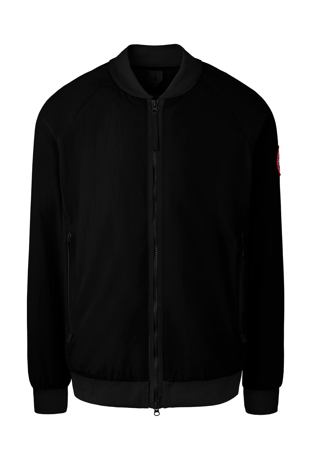 Black bomber jacket with a full zipper.