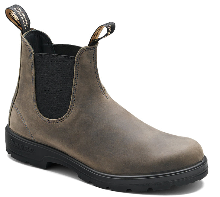 Chelsea boot with a grey oiled leather upper and a black sole.