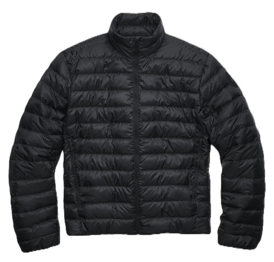 Black puffer jacket.