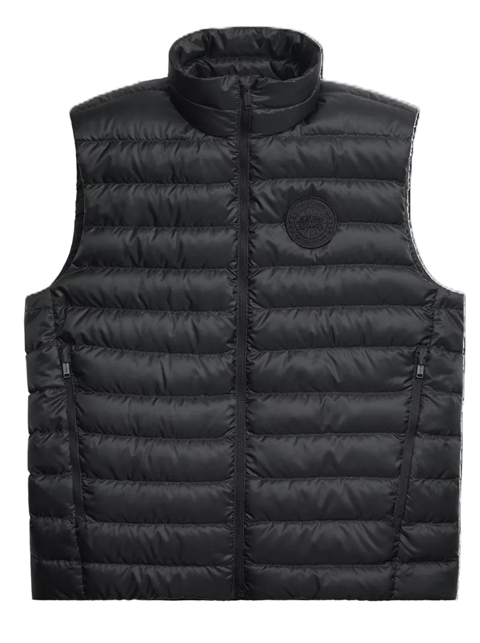 Sleeveless black puffer vest with a high collar and front zipper.
