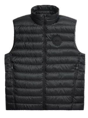 Sleeveless black puffer vest with a high collar and front zipper.