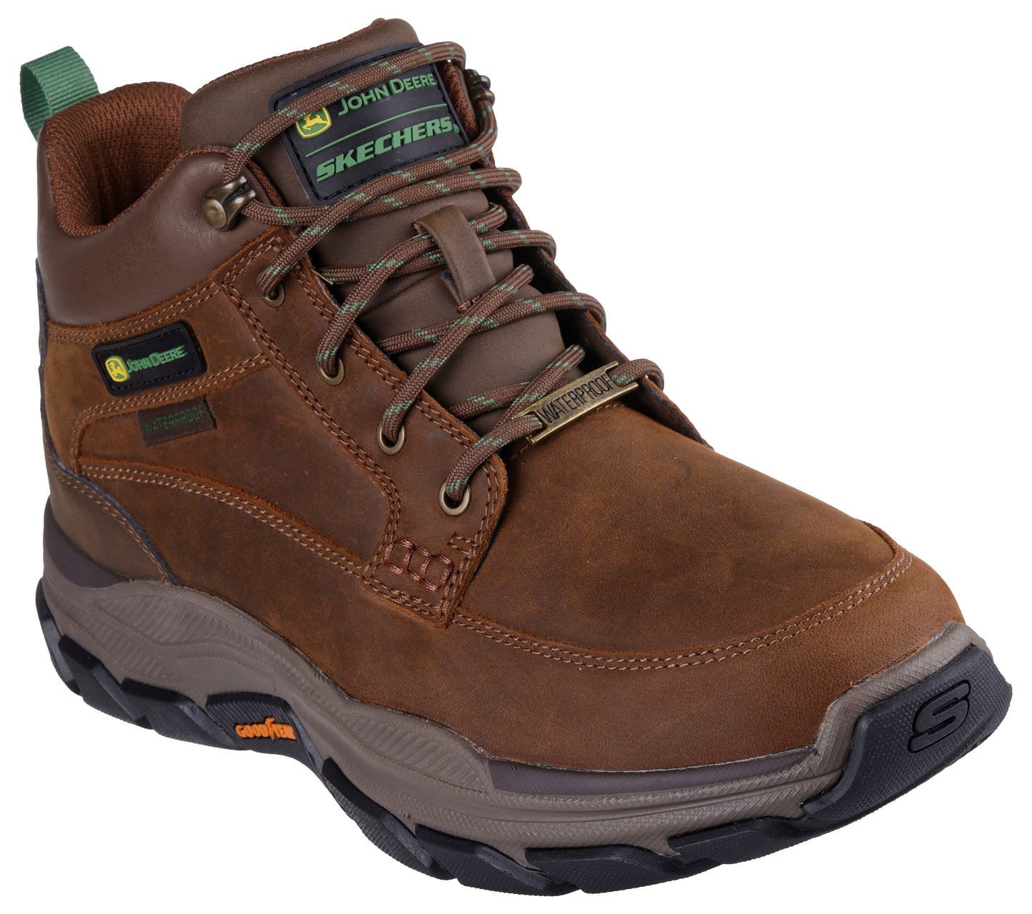 Brown leather work boot with green accents, lace up, and the word "SKECHERS" and "John Deere" printed.