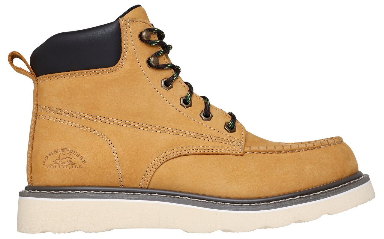 tan-colored ankle boot with black padded collar and white sole