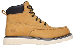 tan-colored ankle boot with black padded collar and white sole