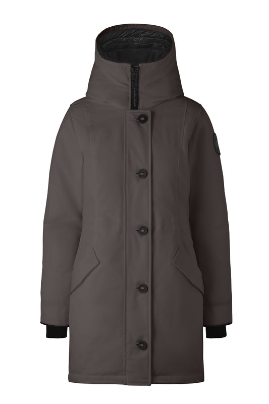 Knee-length, gray parka with a hood and button-up closure.