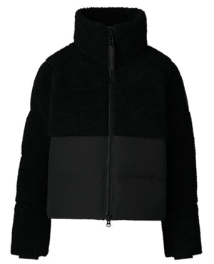 Black jacket with fleece upper and fabric lower, long sleeves, and zippered front.