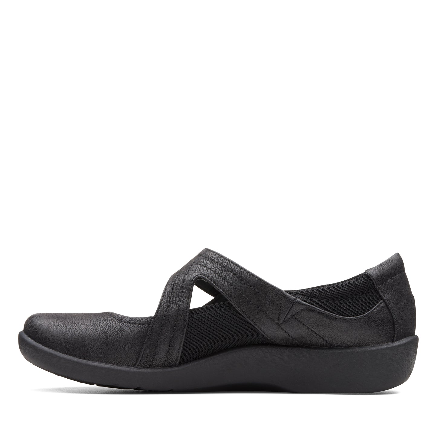 Side view of a black flat shoe with cross straps.