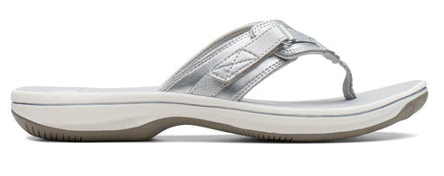 A silver flip-flop sandal with an adjustable strap.
