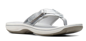 Silver flip-flop sandal with adjustable straps.