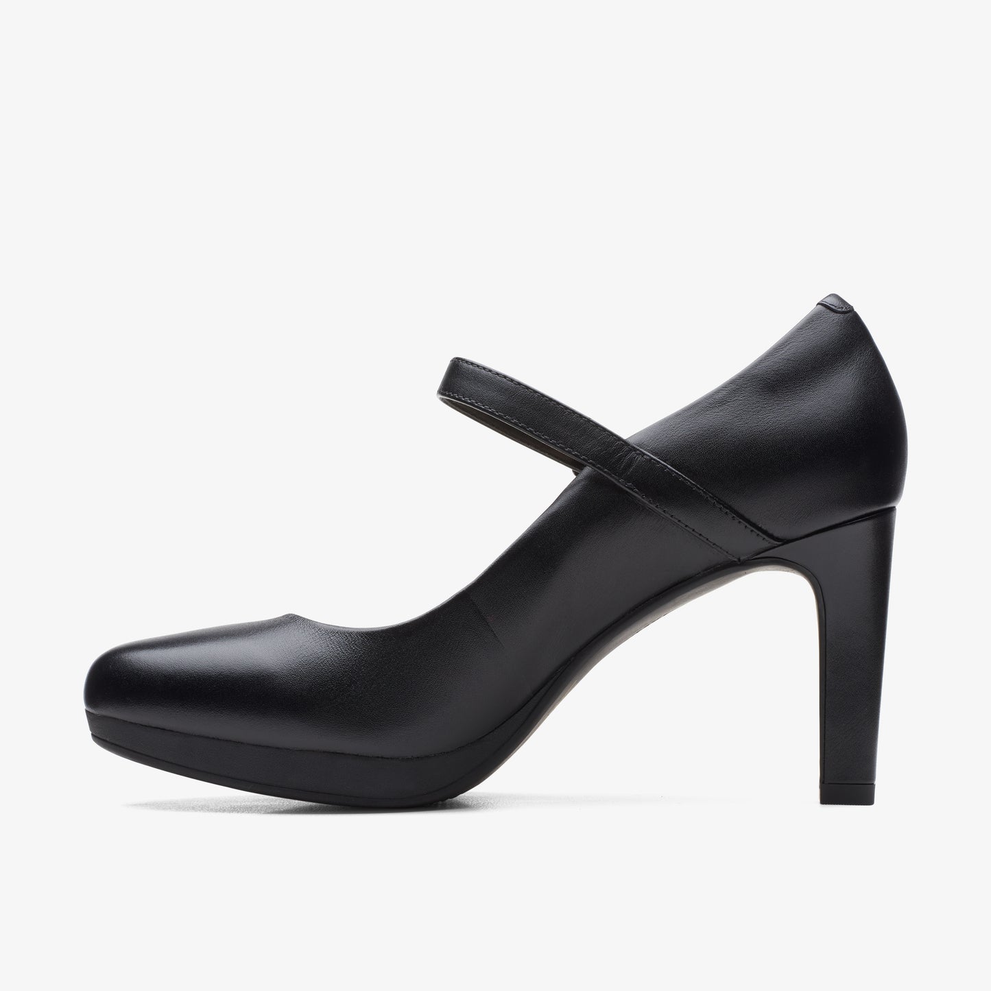 Black leather Mary Jane style high heel shoe with round toe and mid-height block heel.