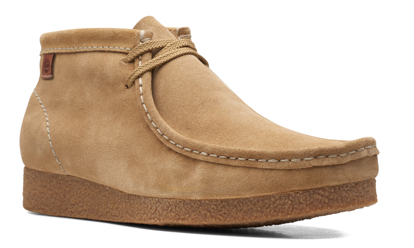 Tan suede chukka boot with crepe sole and light brown laces.
