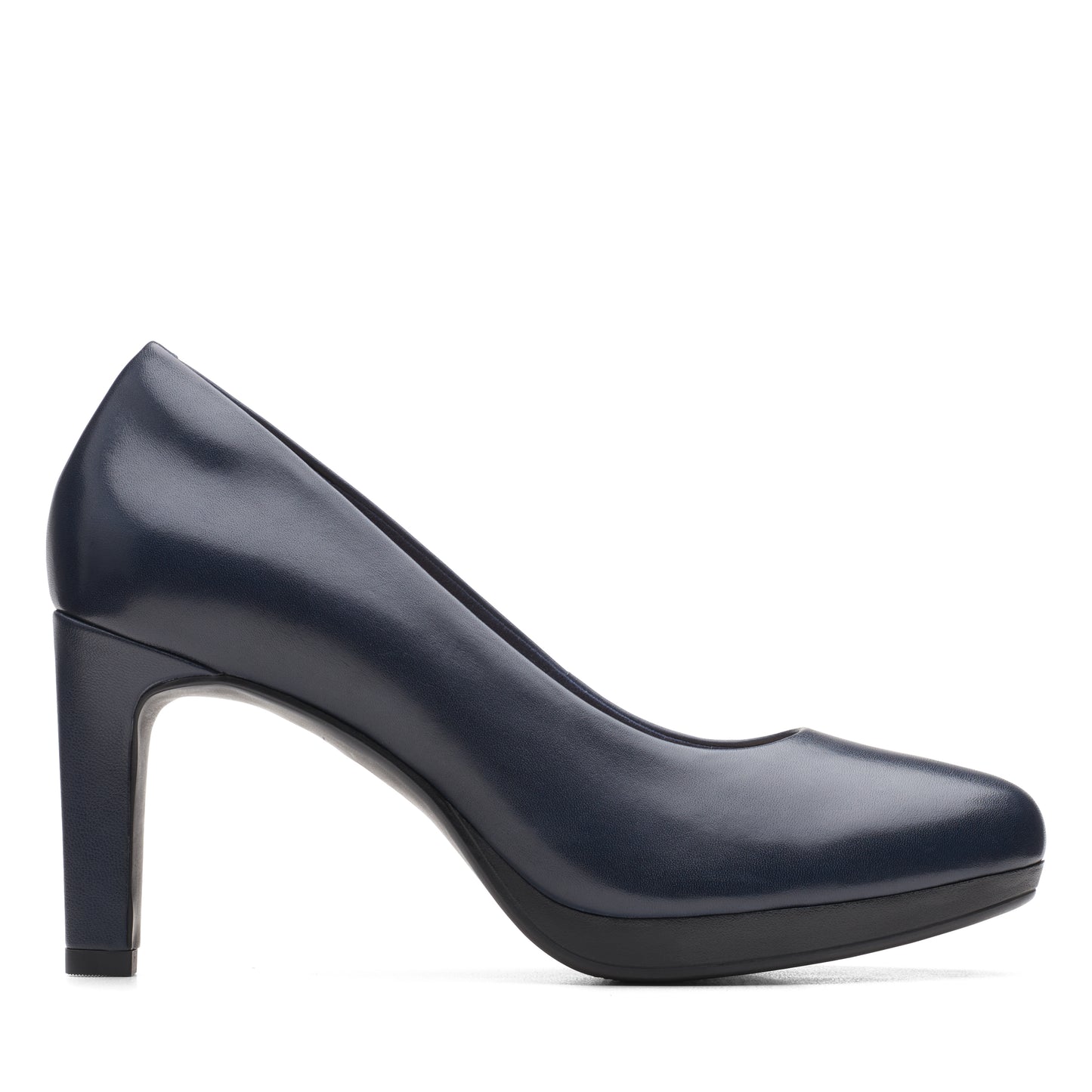 Navy blue leather pump shoe with a rounded toe and block heel.