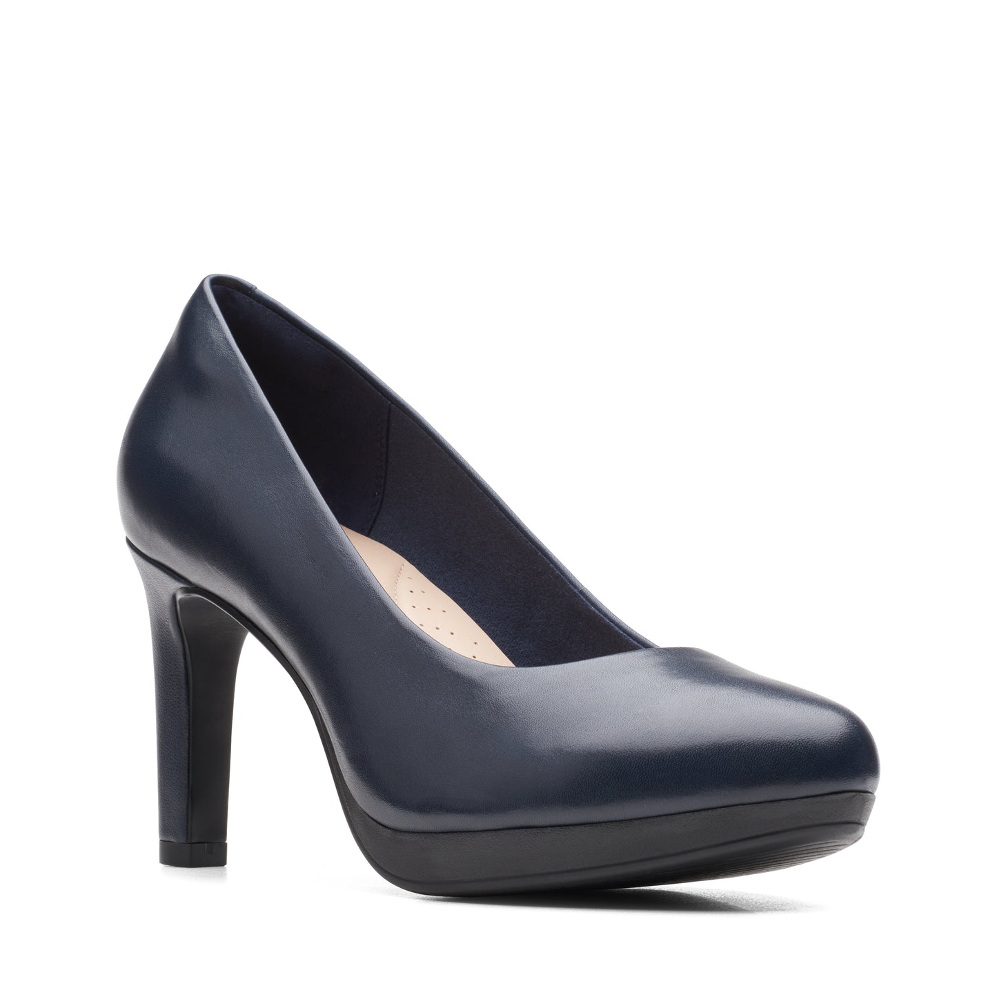 Navy blue heeled pump with a rounded toe and 3 inch block heel