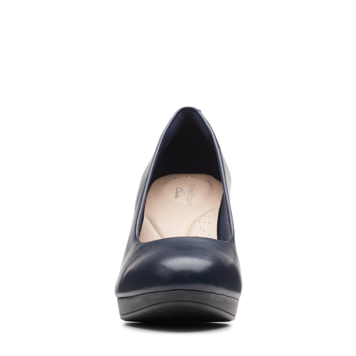 Navy blue rounded toe leather platform pump.
