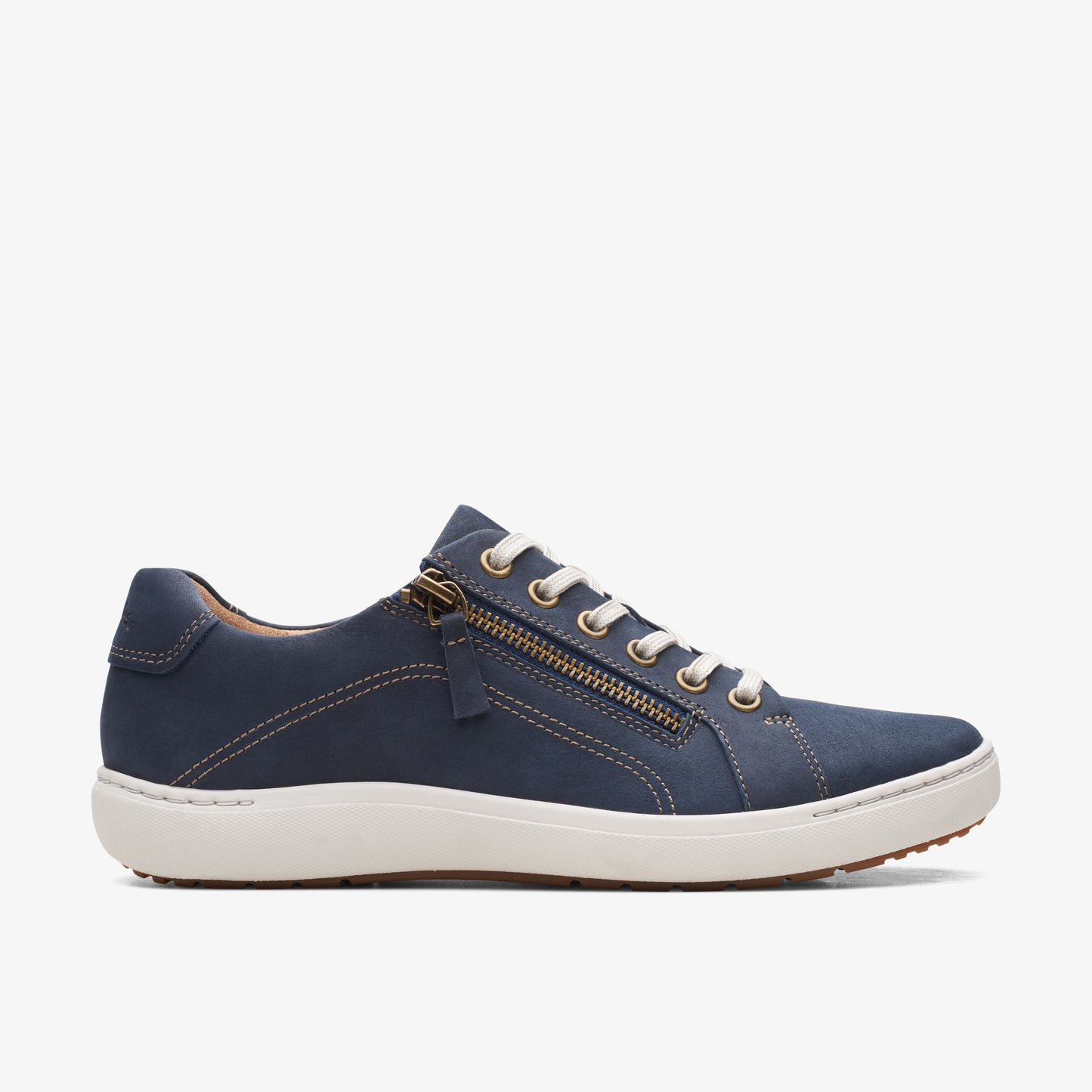 Low-top, navy shoe with white laces, white midsole, and side zipper.