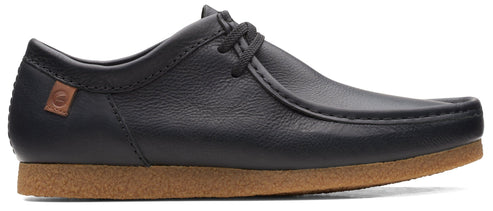 Black leather shoe with brown sole and laces.