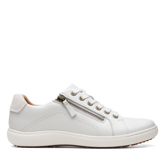 A low-top white leather sneaker with a partial zipper.