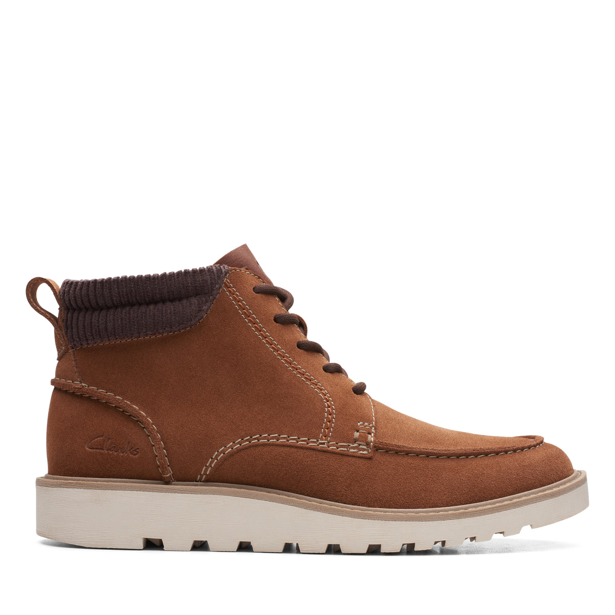 A brown boot with brown laces and a cream-colored sole. The upper is suede-like, and there is a dark brown ribbed collar.