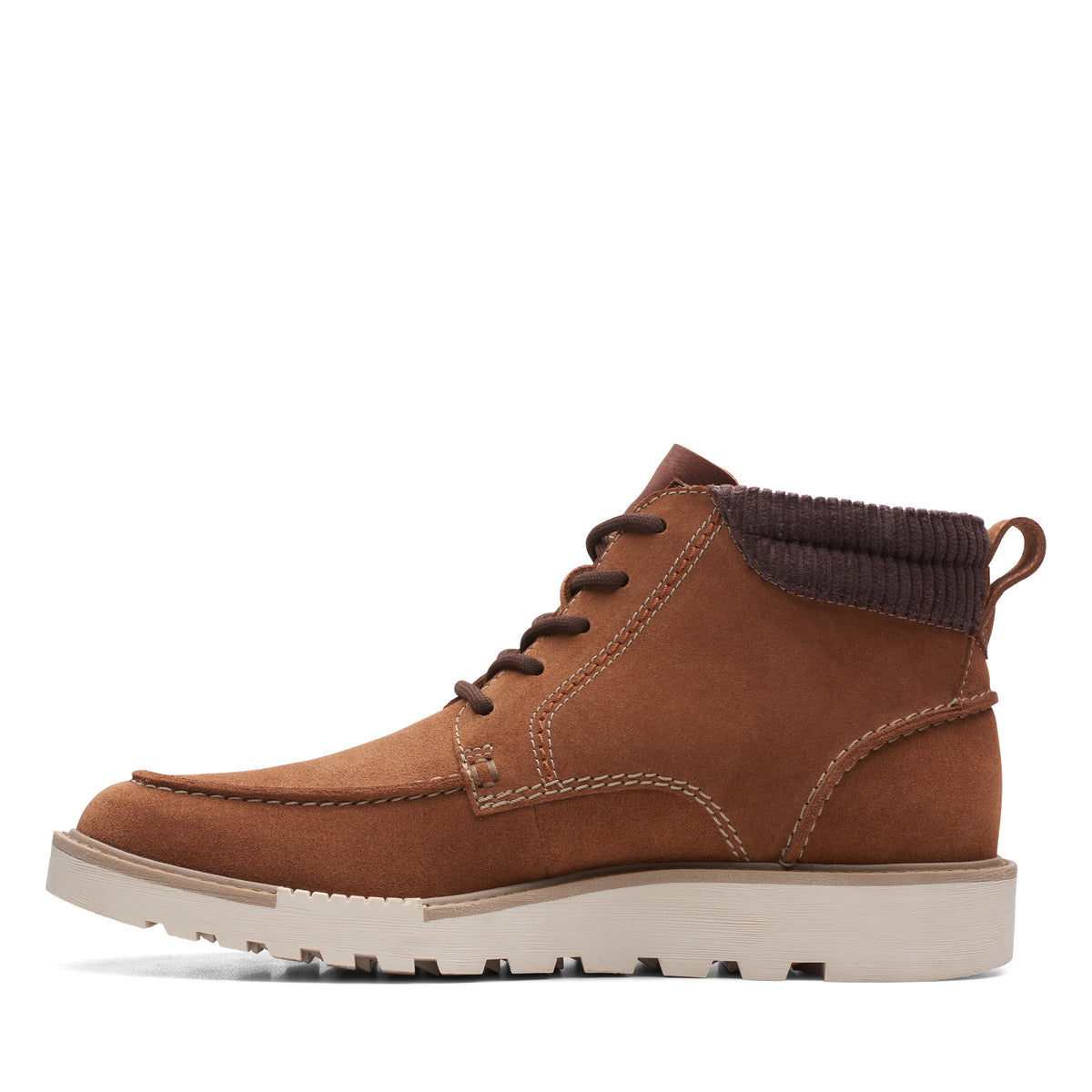 A brown lace-up boot with a textured ankle cuff and a white sole.
