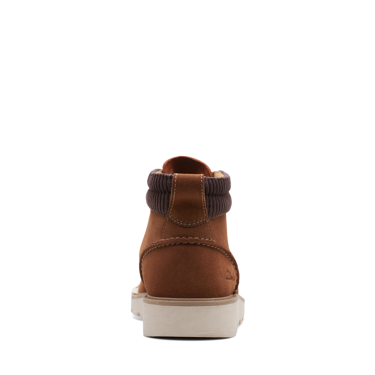 Rear view of a brown leather ankle boot with a thick white sole and a ribbed brown ankle cuff.