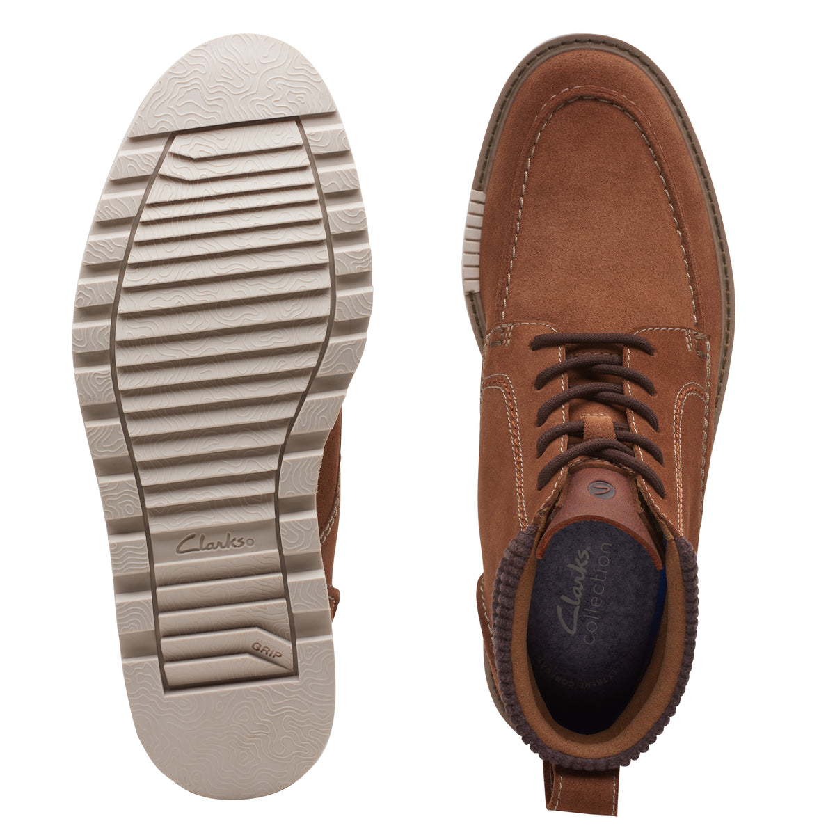 A brown suede ankle boot with brown laces and a tan lug sole viewed from above.