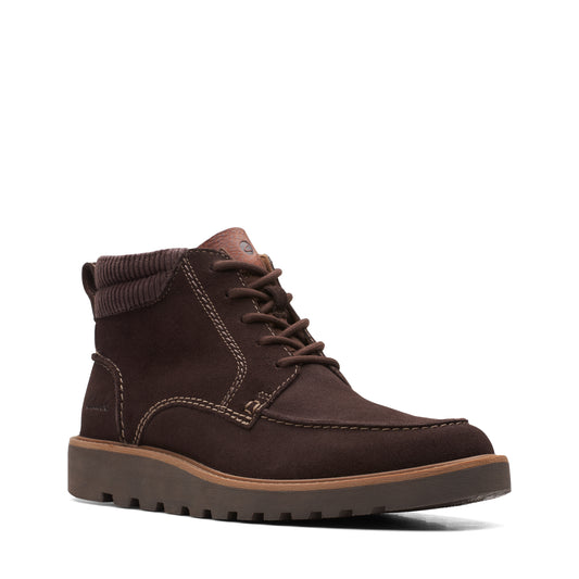 Dark brown ankle boot with a moc toe, laces, brown sole, and knit collar.