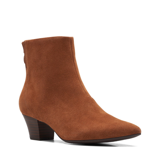 Suede ankle boot in brown with a block heel and pointed toe.