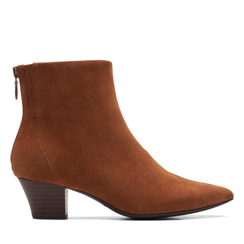 Suede ankle boot in brown with a block heel and back zipper.