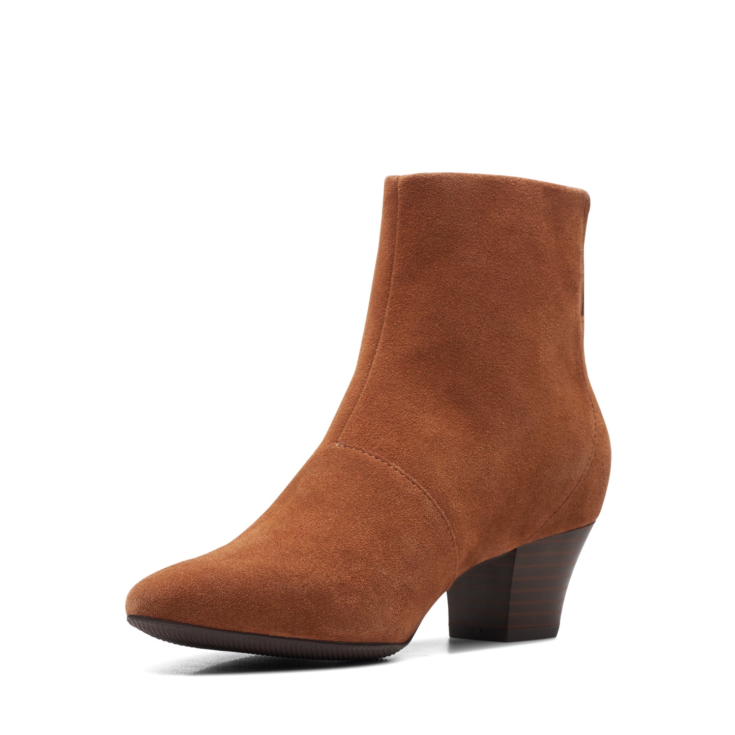 A tan suede ankle boot with a rounded toe and a block heel.