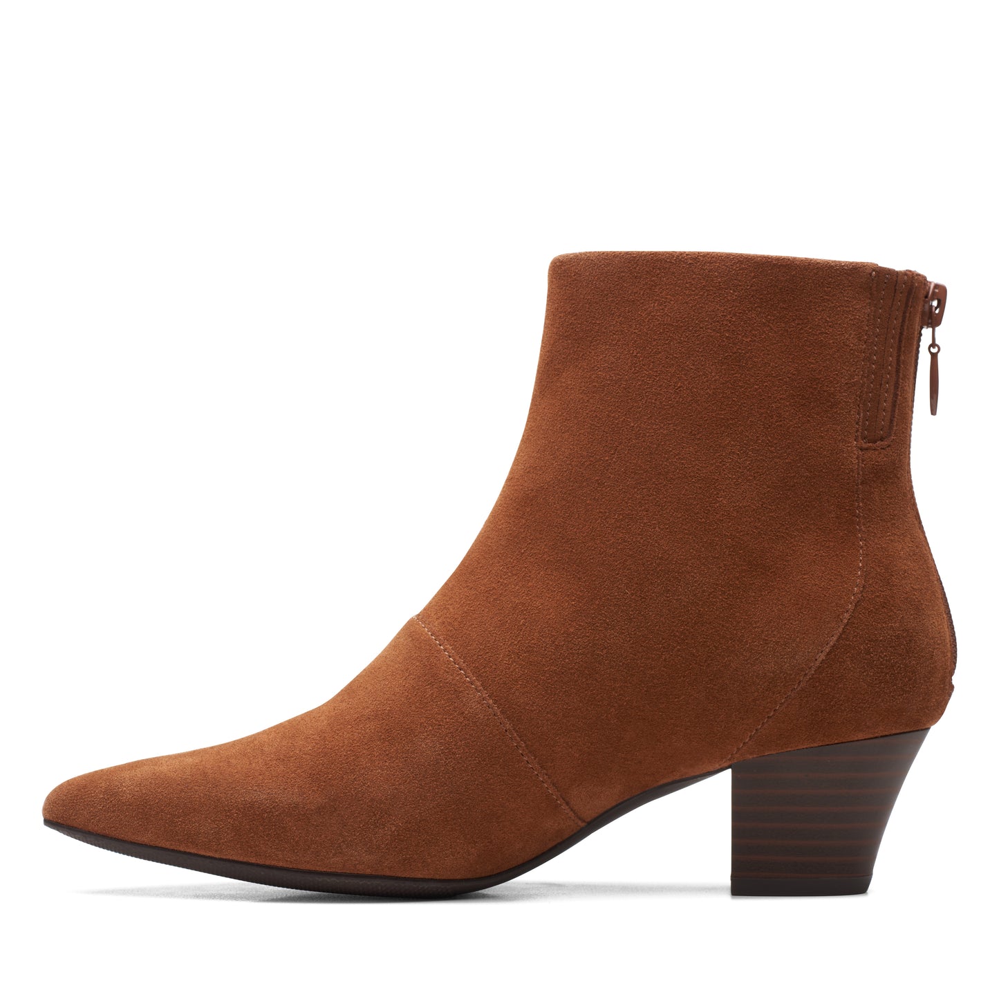Brown suede ankle boot with a side zipper and stacked heel.