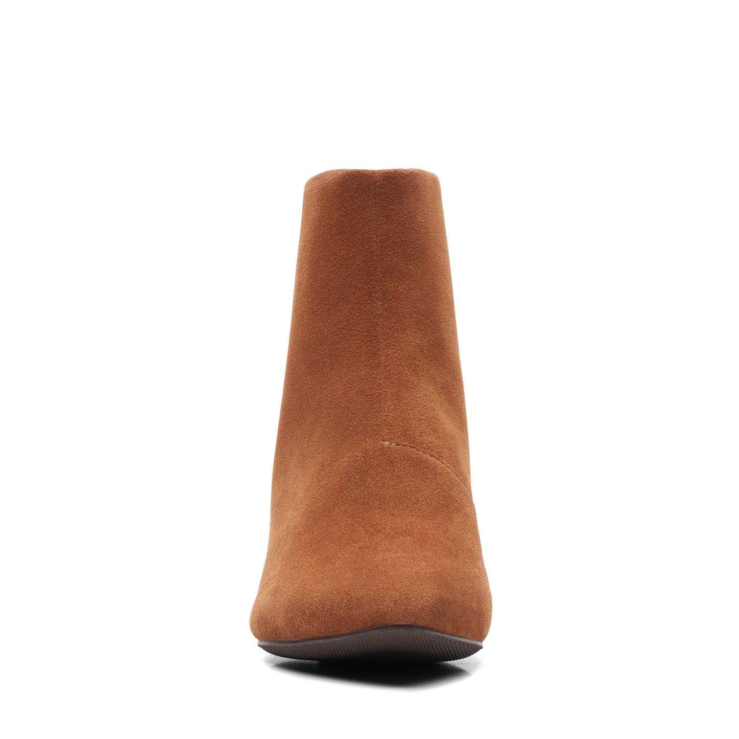 Front view of a brown suede heeled bootie with a rounded toe.