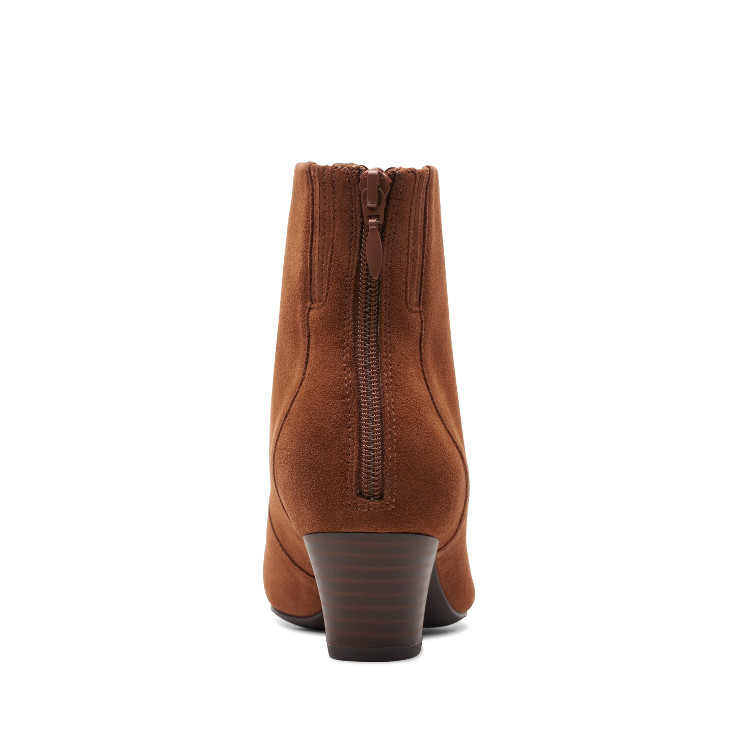 A back-facing view of an ankle-height, brown suede bootie with a chunky, stacked heel and a zipper closure at the back.