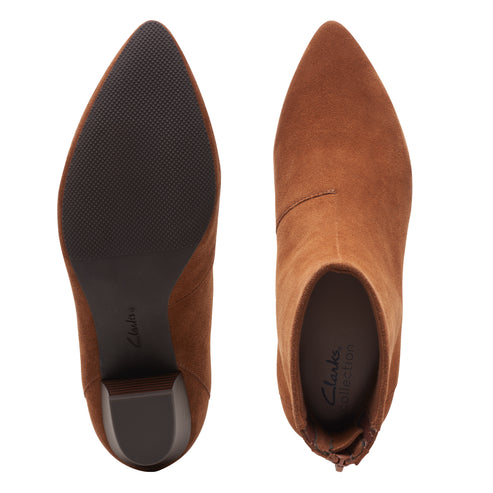 Two brown suede pointy-toe ankle boots displaying a heel and insole.