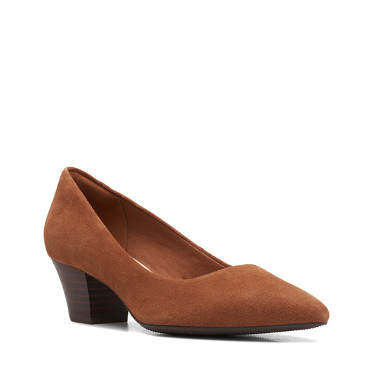 Suede mid-heel pointed-toe pump shoe.