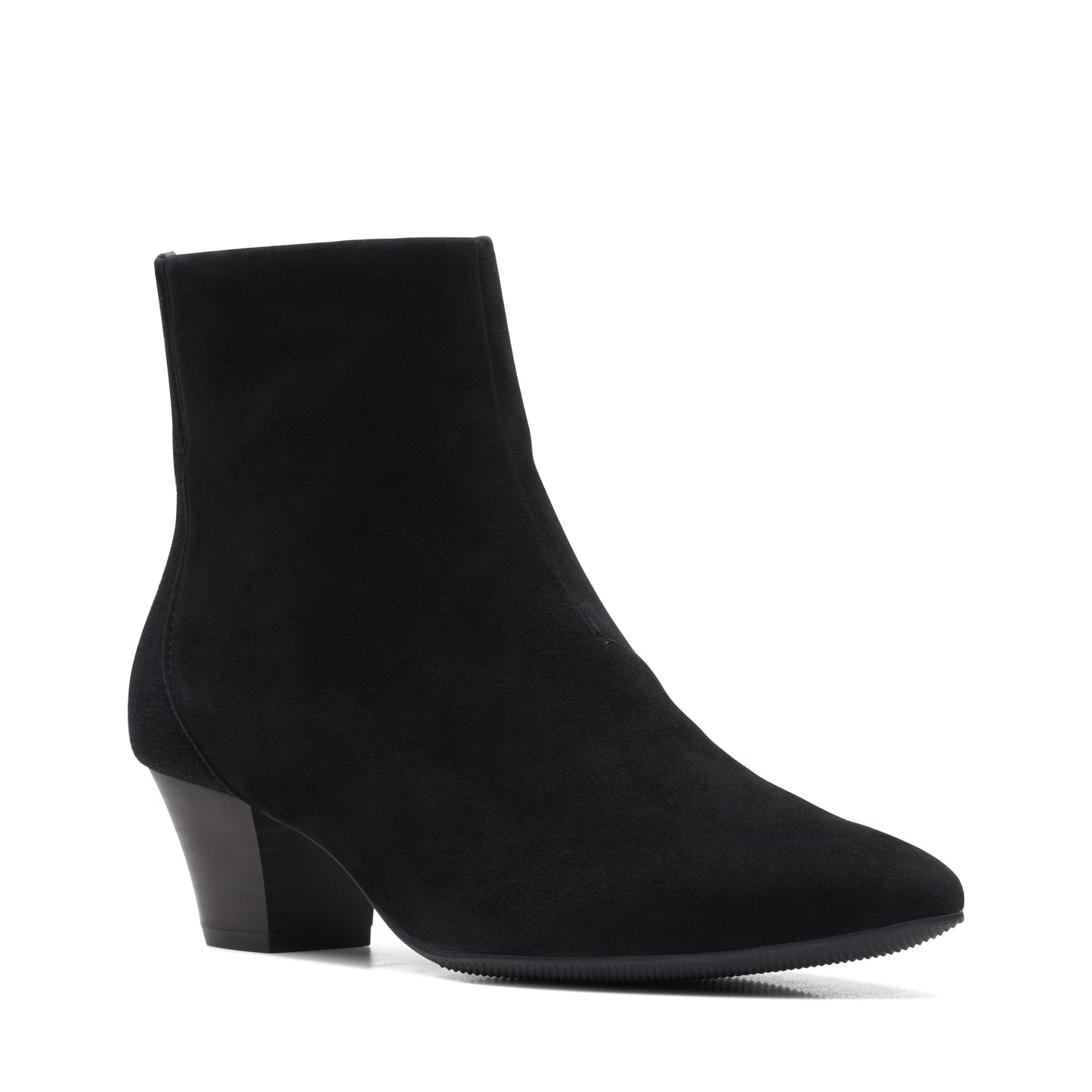 Black suede ankle boot with a pointed toe and short block heel.