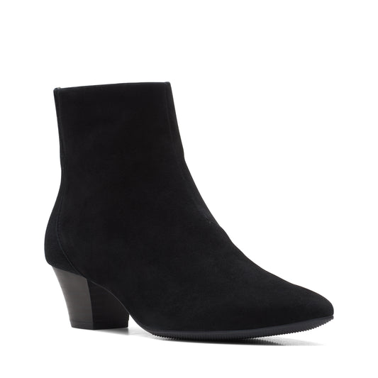 Black suede ankle boot with a pointed toe and short block heel.
